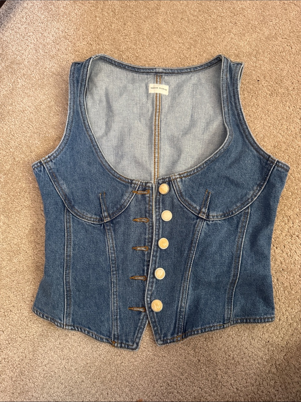 Magda Butrym Blue Denim Corset Crop Top with Front Buttons
